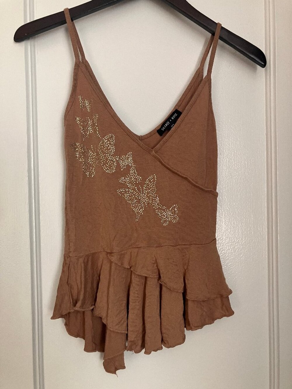 Silence + Noise Brown Ruffle Cami Tank Size XS, Gold Sparkly Butterfly Design